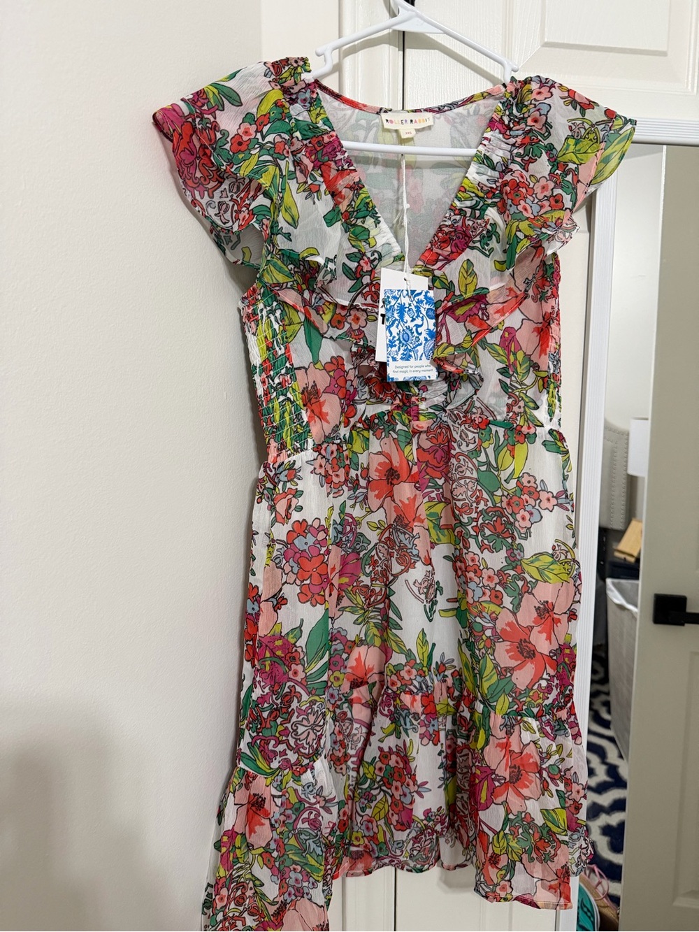 Roller Rabbit White Floral Ruffle Dress with Bright Multicolor Print